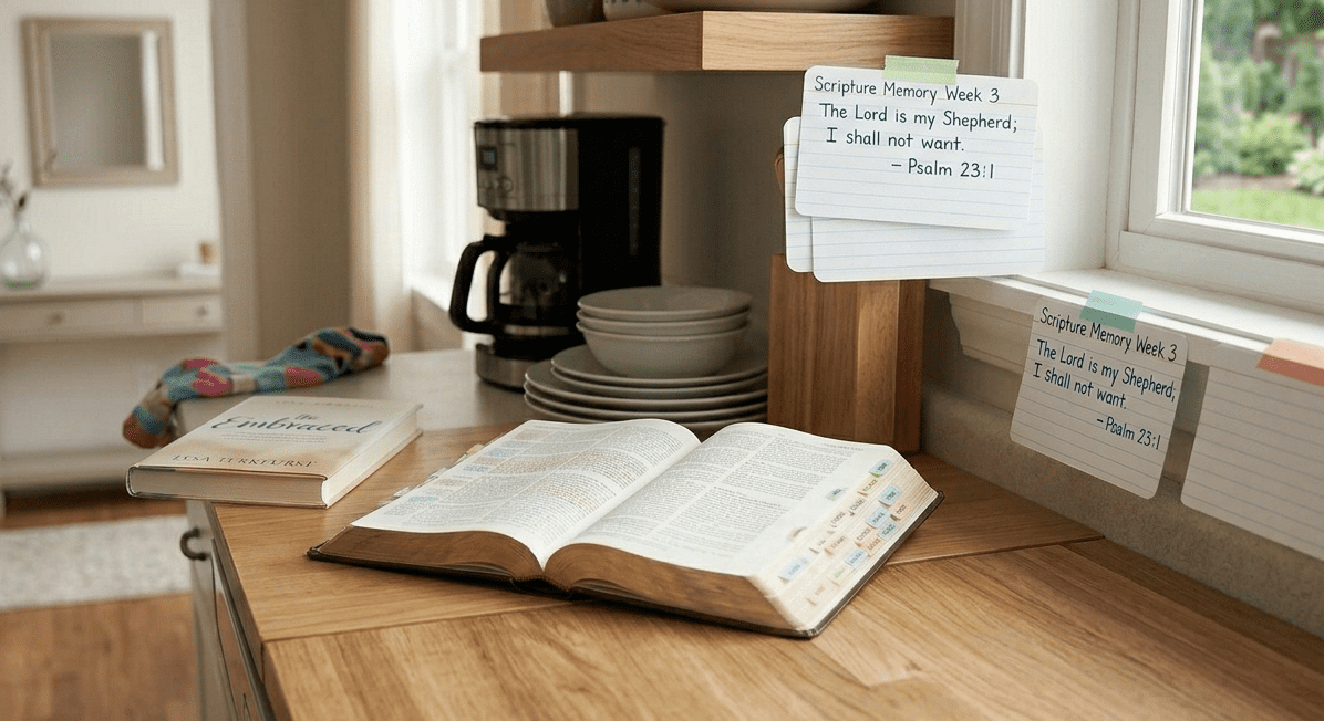 A kitchen counter featuring an open Bible with colorful tabs, index cards with handwritten Scripture verses taped to the window, and a devotional book next to a coffee maker.