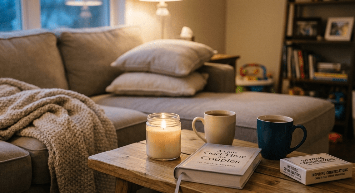 cozy set up with a devotional on the table, candle, and blankets - date night.