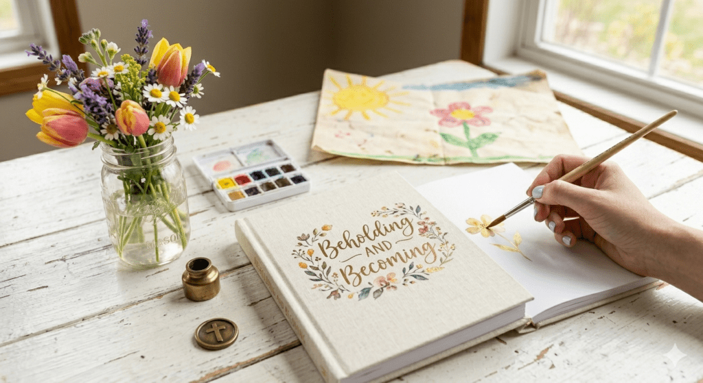A cozy morning prayer scene for busy moms featuring a vase of flowers, a kids drawing and a journal that says Beholding and Becoming.