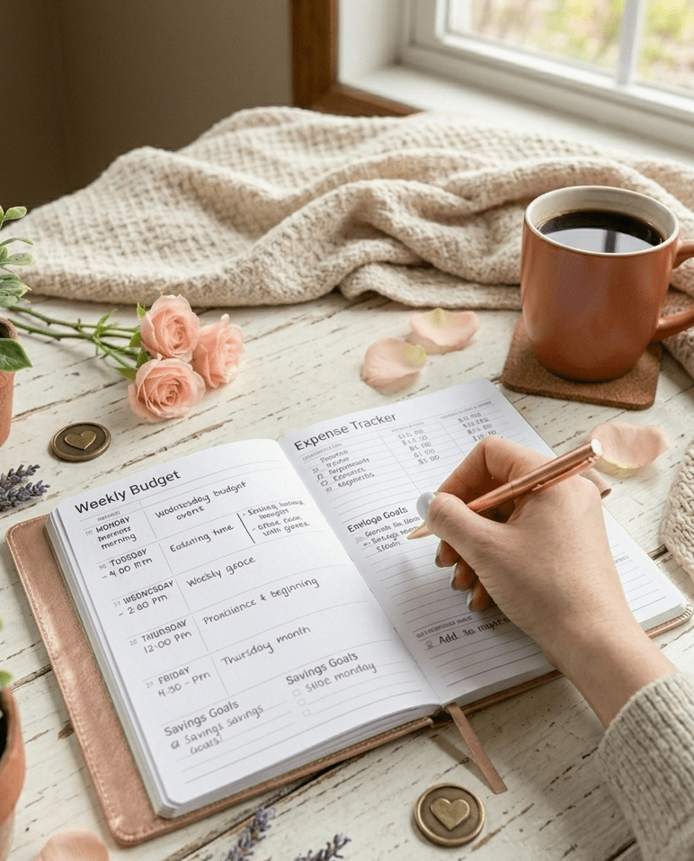 Clever Fox Budget planner to help moms save money and stress less on a cozy nightstand.