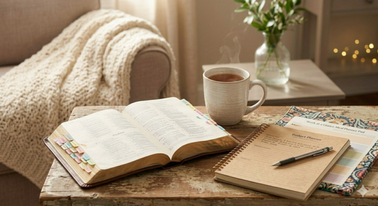 A cozy home scene featuring an open Bible with colorful tabs, a rustic budget planner, and a meal planning pad on a weathered wooden table, next to a steaming mug of coffee and a soft knit blanket.