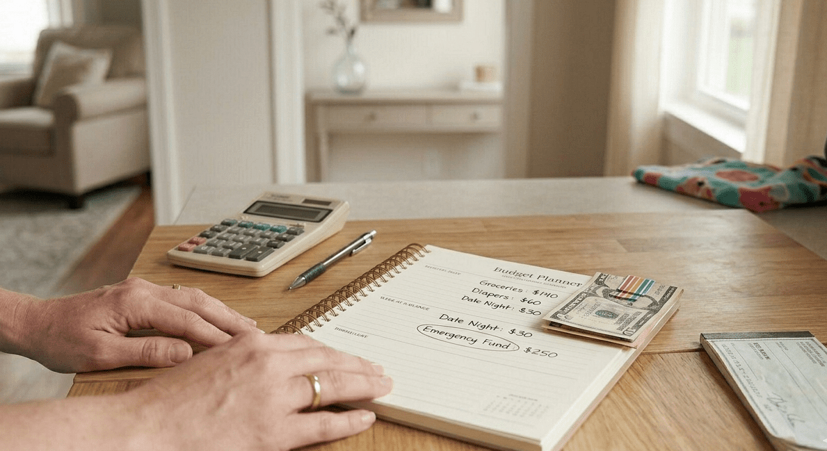A woman’s hands writing in a physical budget planner on a wooden table, showing a handwritten list for groceries, diapers, and an emergency fund next to a calculator and cash envelopes.