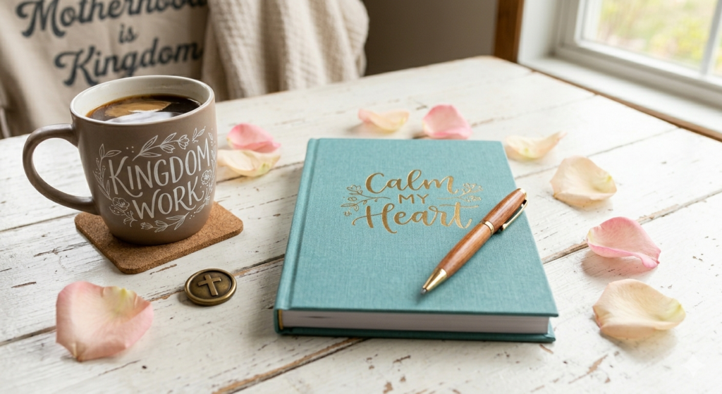A cozy morning prayer scene for busy moms featuring a coffee mug and a journal that says Calm My Heart