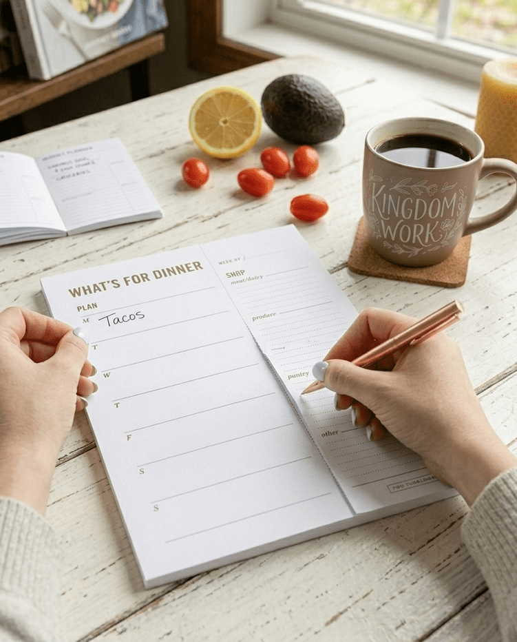 weekly meal planning pad to help moms save money and stress less.