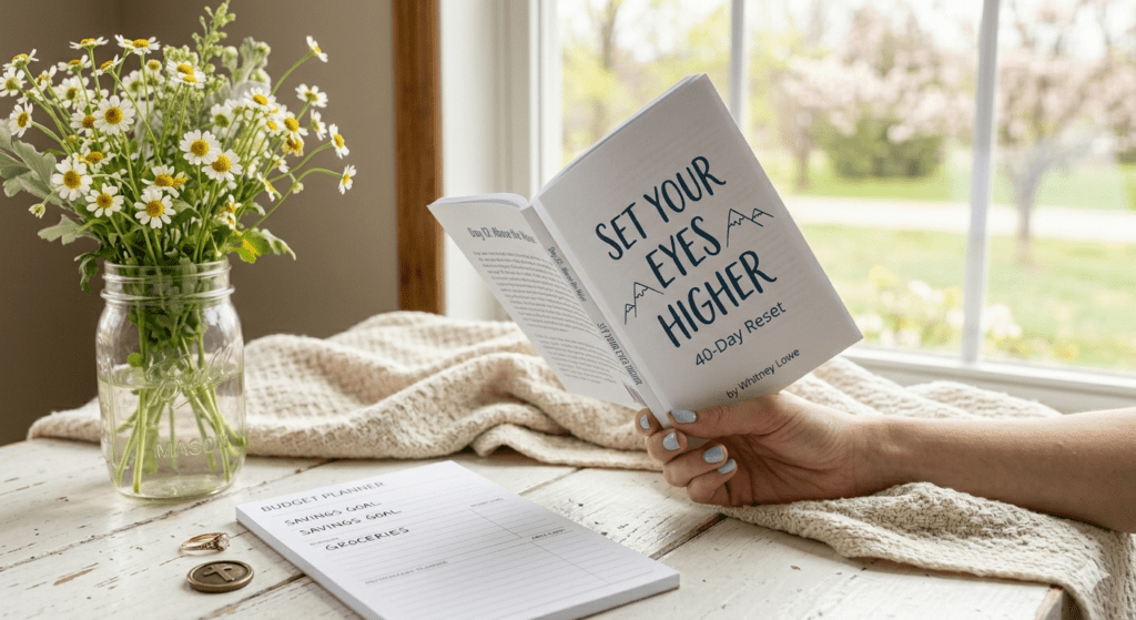 A cozy morning prayer scene for busy moms featuring a vase of flowers and a journal that says Set Your Eyes Higher.