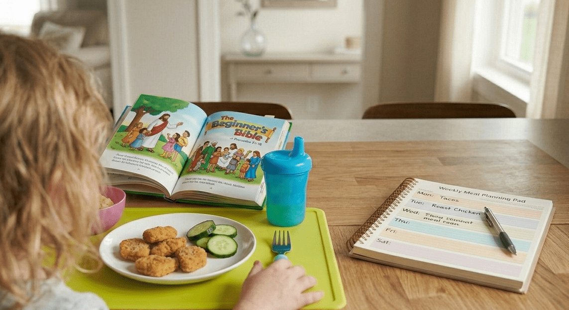 A close-up photograph of a children’s Bible, open and standing on a kitchen counter next to a child’s plate of chicken nuggets and a colorful meal planning pad.