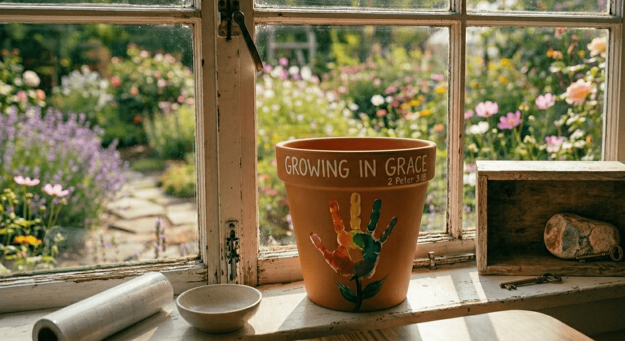 A classic terracotta flowerpot sitting on a rustic white windowsill. The front of the pot features a colorful painted toddler handprint forming a flower shape, with words written on the rim.