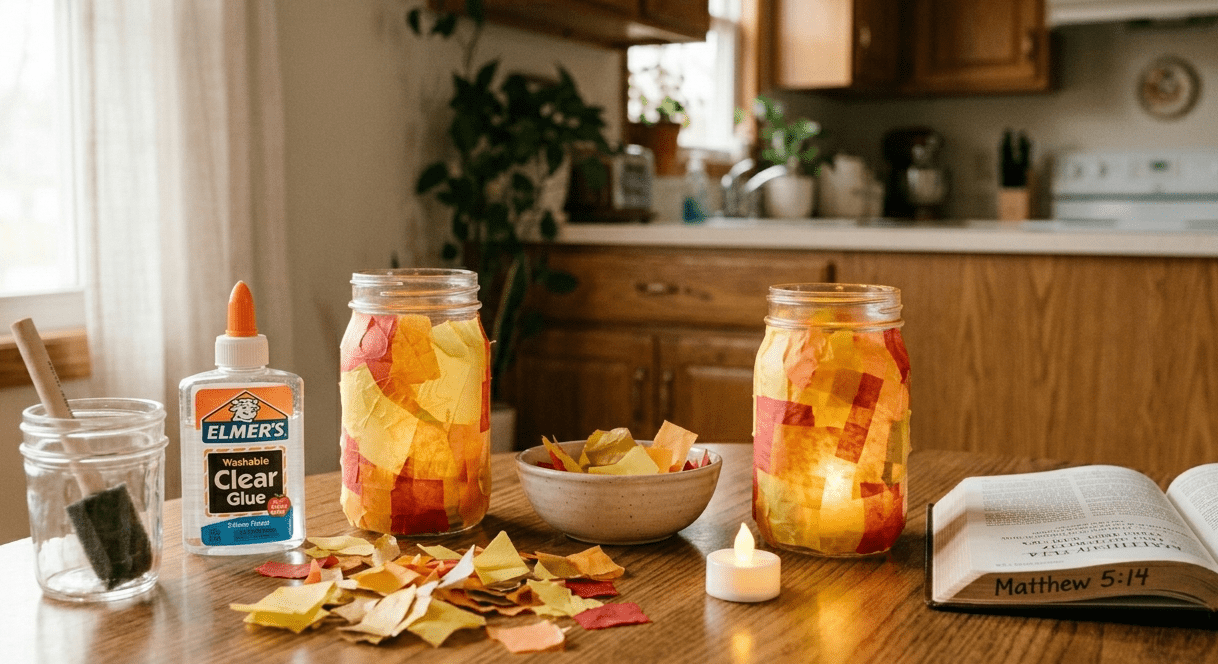 A glass mason jar nightlight craft covered in torn pieces of bright yellow and orange tissue paper, glowing warmly from a lit battery-operated tea light inside, sitting on a kitchen table.