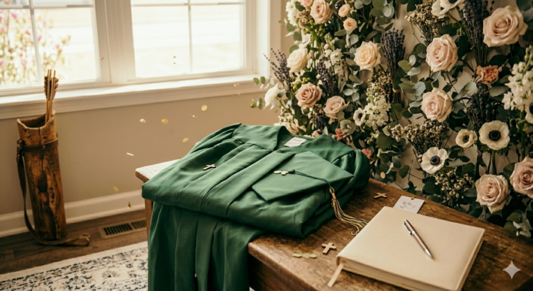 A forest green graduation cap and gown folded on a wooden table next to a floral prayer journal and a bouquet of roses, symbolizing meaningful Christian graduation gifts and the journey of letting go.