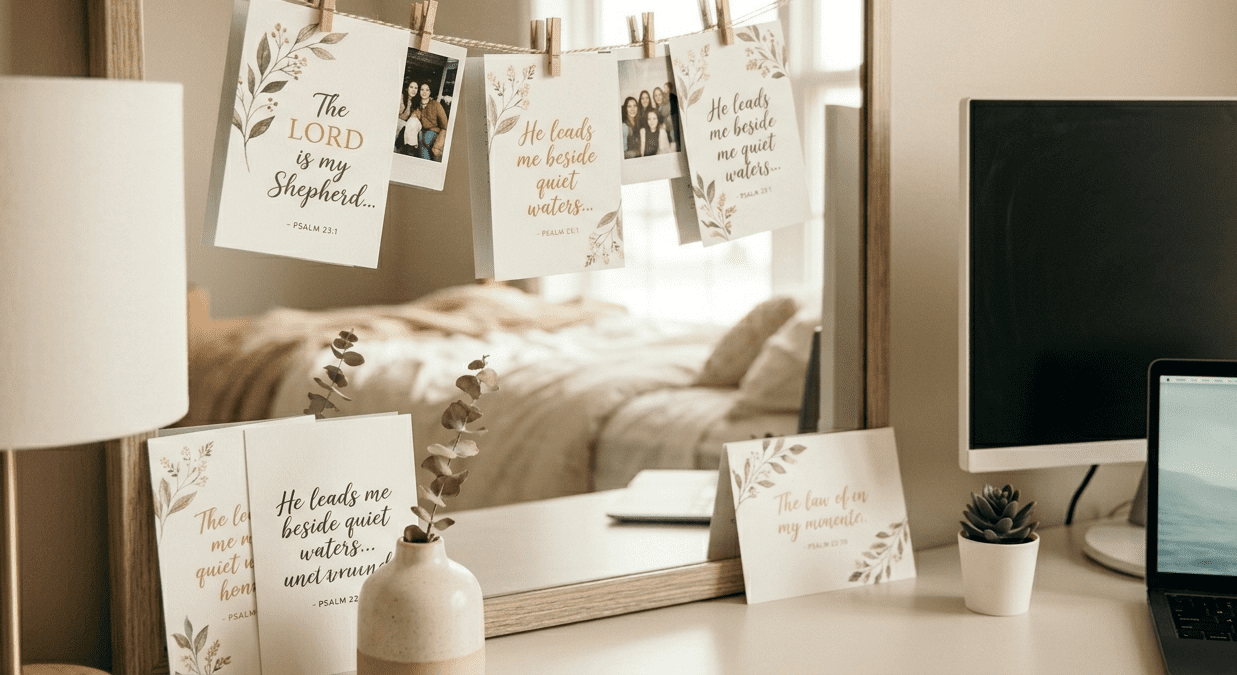 A soft-focus photograph of a sunlit dorm room desk, featuring aesthetic Scripture cards with gold and green accents clipped with wooden clothespins to a twine string on a mirror and displayed near a laptop.