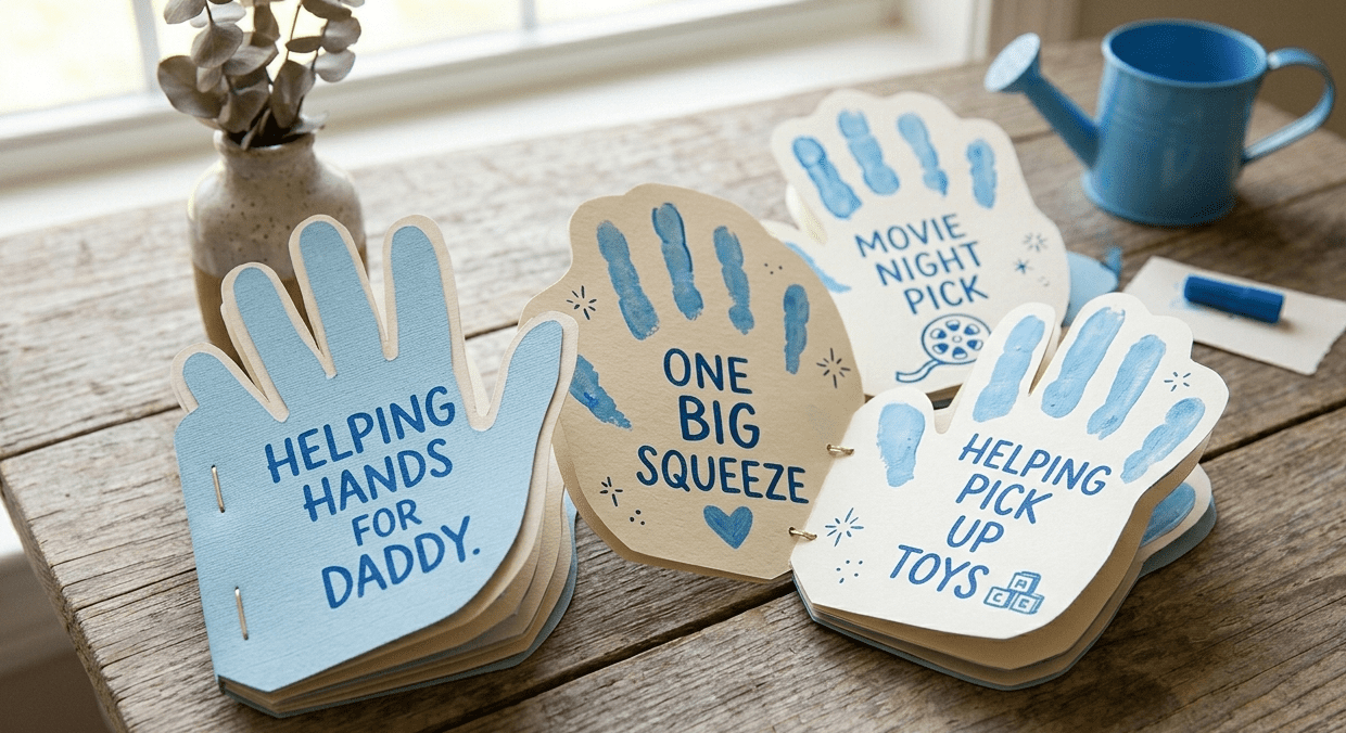 A handmade toddler coupon book for Dad, featuring cardstock pages cut into handprint shapes with blue painted accents. The pages include heartfelt coupons like "One Big Squeeze" and "Helping Pick Up Toys," shown as a meaningful Father's Day craft for toddlers on a rustic wooden table.