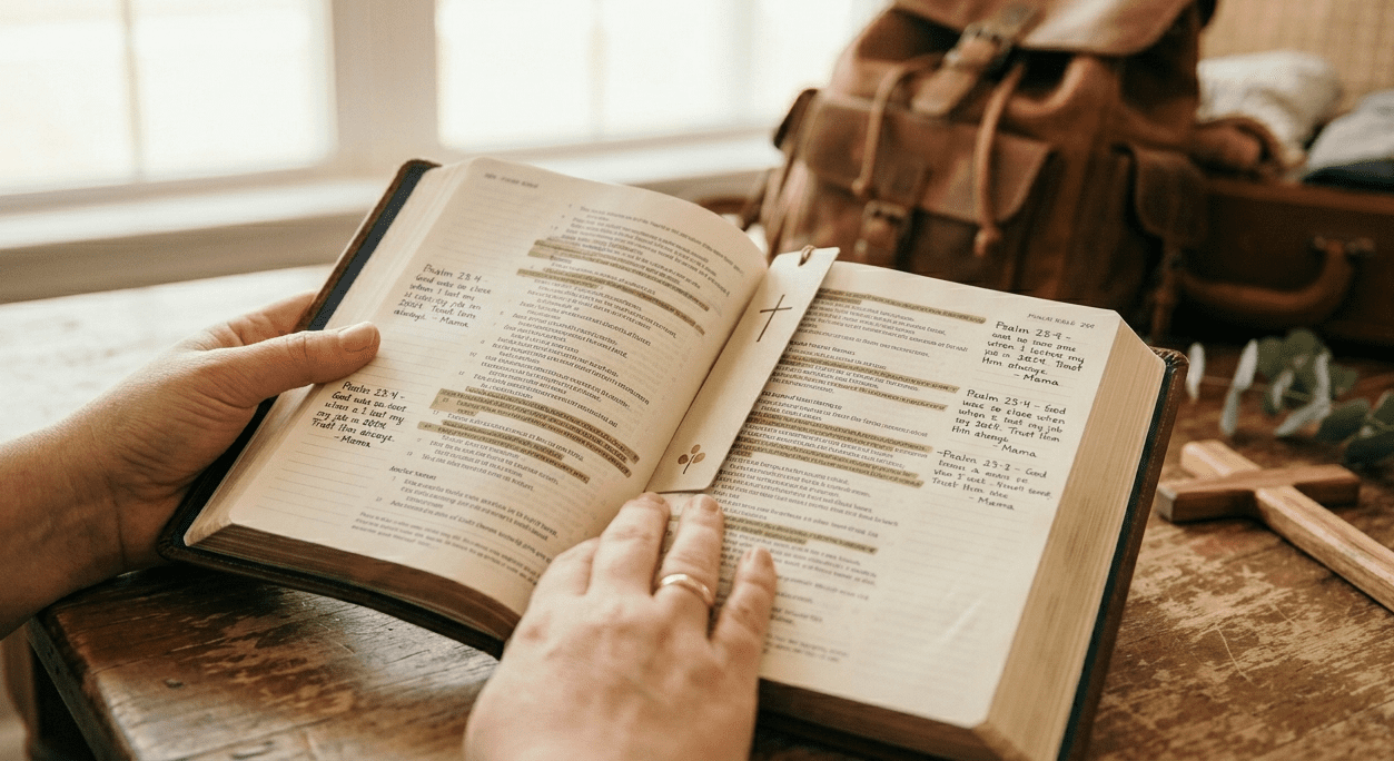 A close-up photograph of a mother's hand (with a gold ring) adding handwritten notes and green highlights in a Study Bible, illustrating a meaningful Christian graduation gift and legacy of faith.