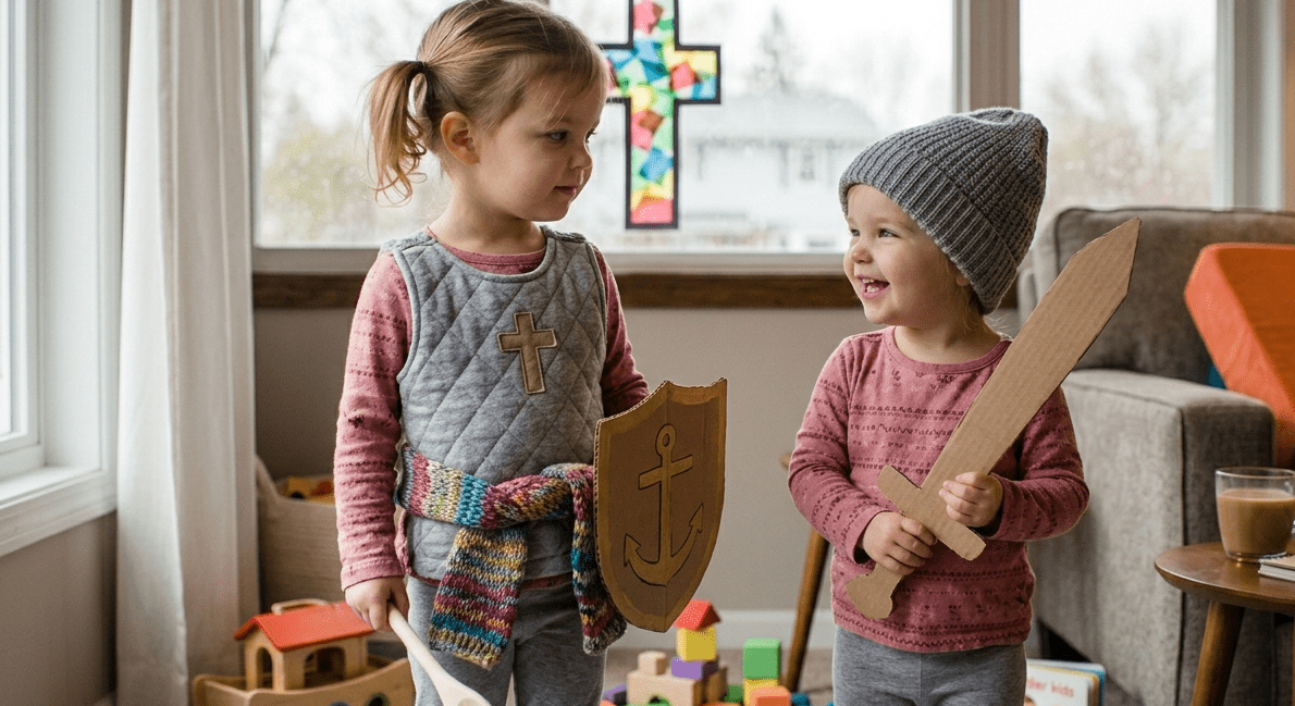 Two toddler girls playing with a DIY Armor of God dress-up activity using a cardboard shield and household items for a faith-based indoor activity.