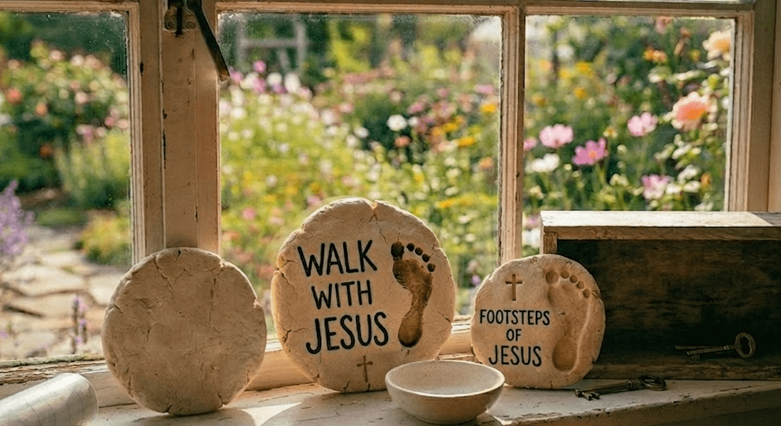 Three round, rustic salt dough keepsake stones drying on a sunny windowsill. One stone shows a clear toddler footprint impression with the words Walk with Jesus, while a background garden is visible through the window glass.