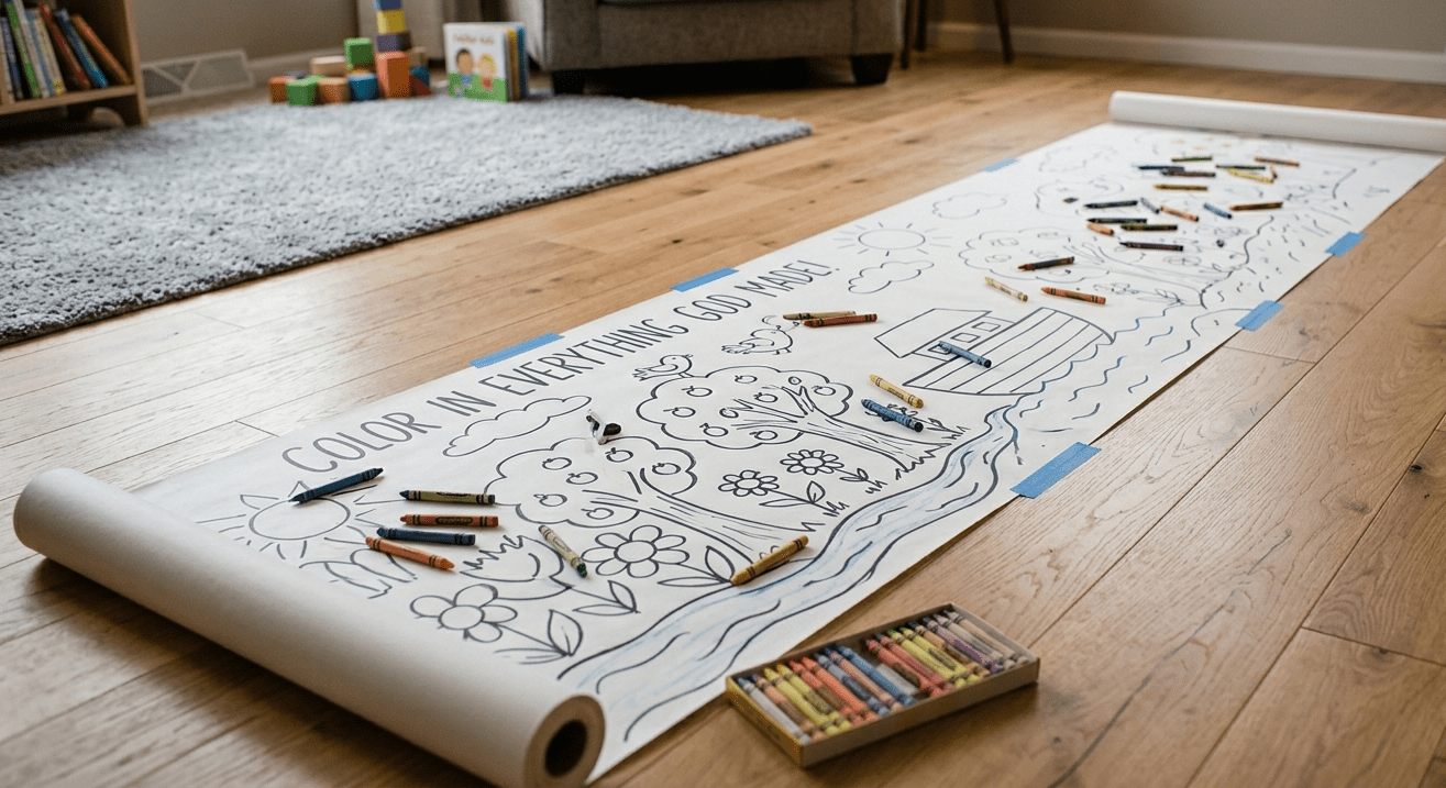 Giant floor coloring page for toddlers using a roll of butcher paper taped to a wooden floor with a 'Color in Everything God Made' theme.