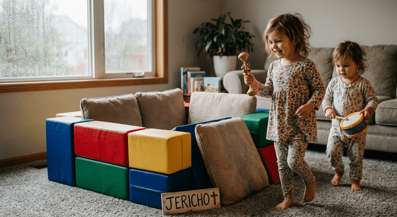 Faith-based indoor activities for toddlers featuring a DIY Jericho pillow fortress and toy instruments.