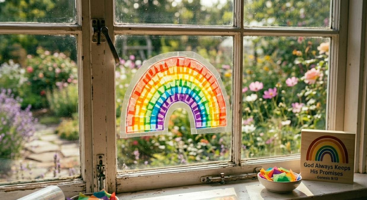 Alt Text: A colorful rainbow suncatcher craft made from translucent tissue paper squares and clear contact paper taped to a bright glass windowpane, with a sunny, blooming flower garden softly blurred in the background.