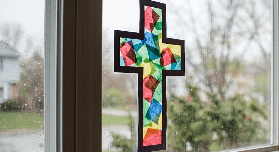 A close-up of a completed stained glass cross craft for toddlers, made with contact paper and tissue paper, illuminating a window on a gray, rainy day.