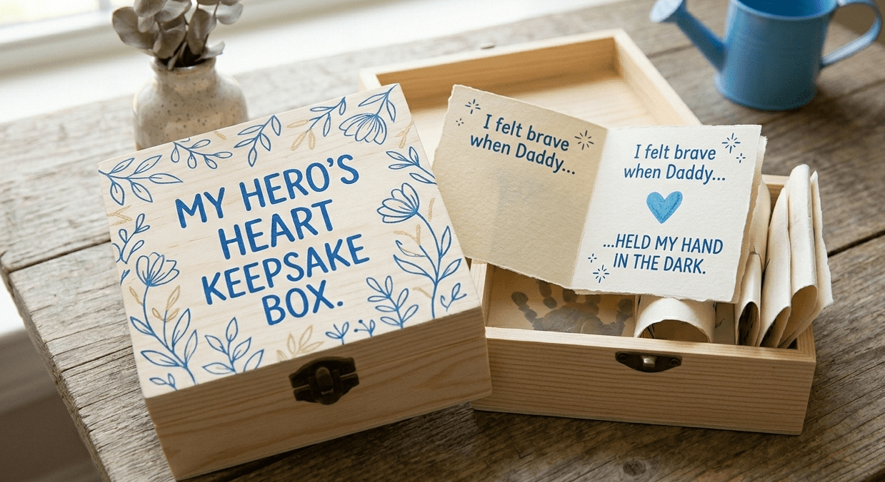 A small wooden keepsake box decorated with minimalist blue floral designs and the title "My Hero's Heart." The box is open to reveal handwritten slips of paper from a toddler that say "I felt brave when Daddy held my hand in the dark," serving as a meaningful Father's Day craft for toddlers.