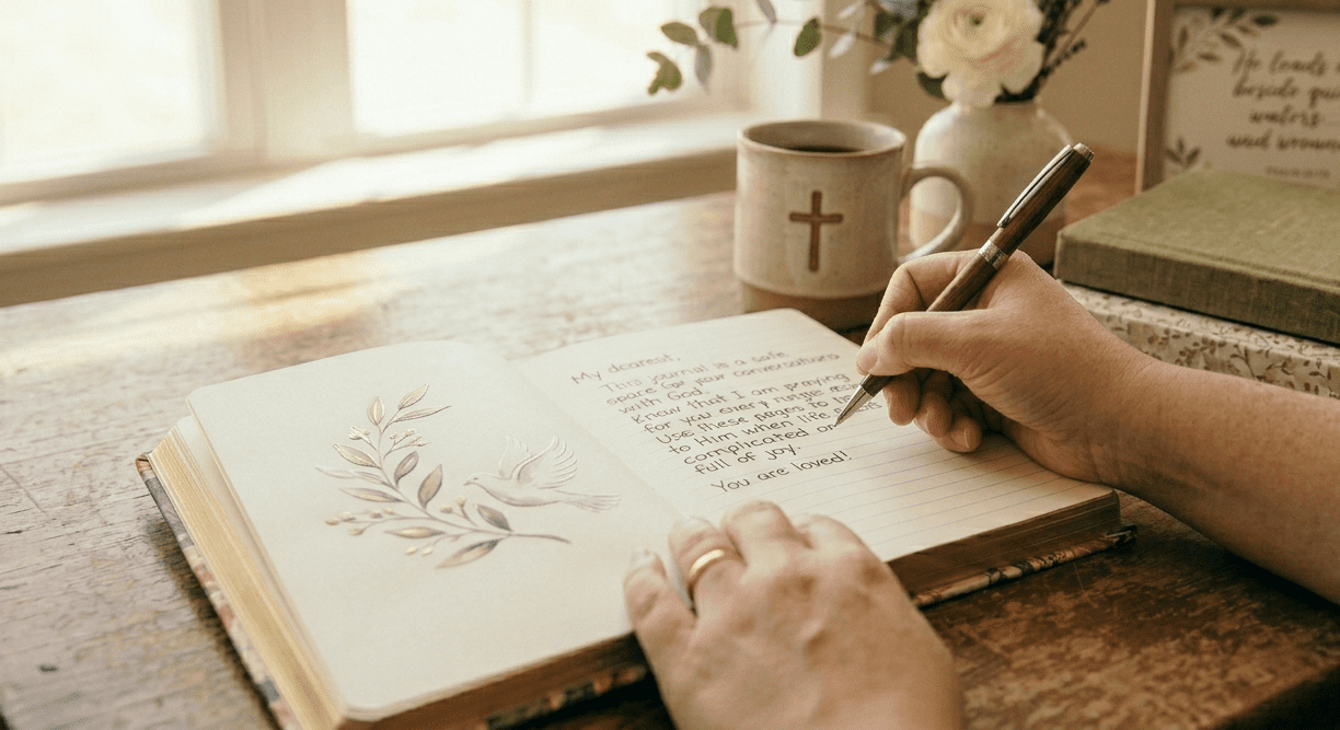 A close-up photograph capturing a woman's hand, wearing a simple gold wedding band, writing a heartfelt letter in a leather prayer journal on a wooden desk. Recommended as a personal Christian graduation gift.