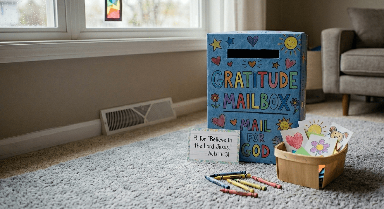 A DIY Gratitude Mailbox made from a decorated shoebox for a toddler faith-based activity, featuring hand-drawn pictures and a Bible verse card.
