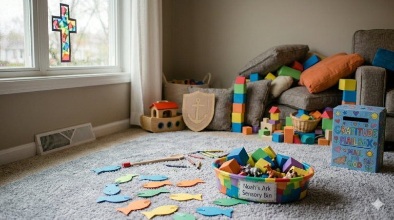 A collage of 8 simple faith-based indoor activities for toddlers, including a sensory bin, a memory game with fridge magnets, DIY cardboard armor, and a gratitude mailbox for Christian parenting.