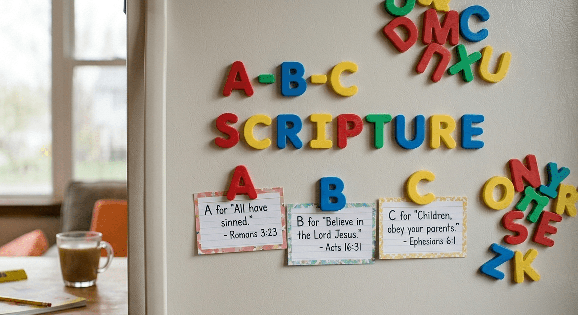 Alphabet magnets on a white refrigerator holding up Bible verse cards for a simple toddler scripture memory game.