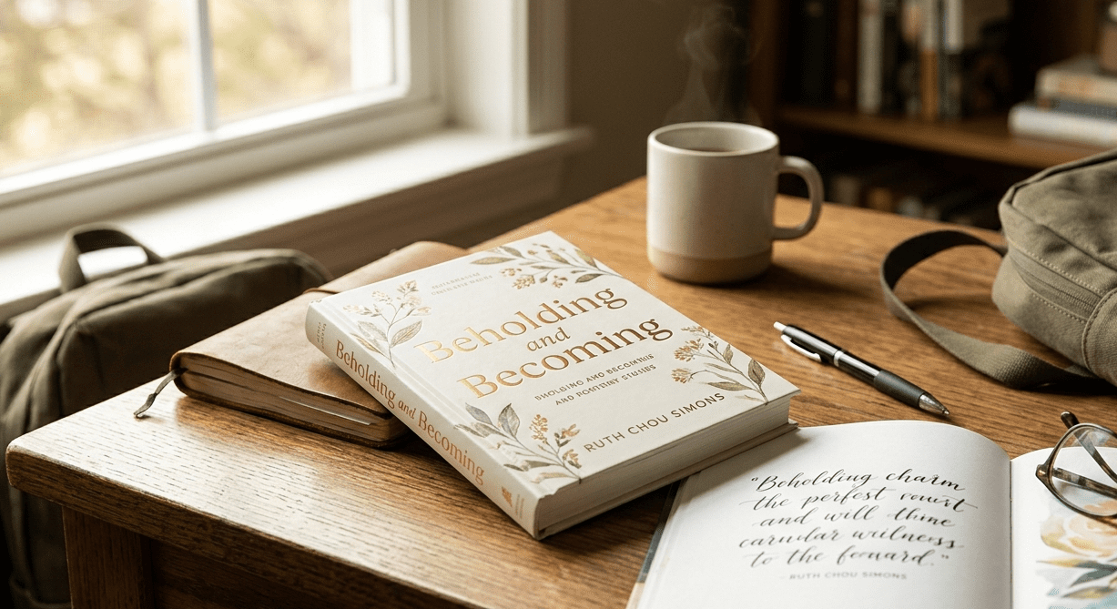 Close-up photograph of Ruth Chou Simons’ book ‘Beholding and Becoming’ resting on a sunlit wooden desk with a leather journal and coffee mug, recommended as a Christian devotional for college students and graduates.