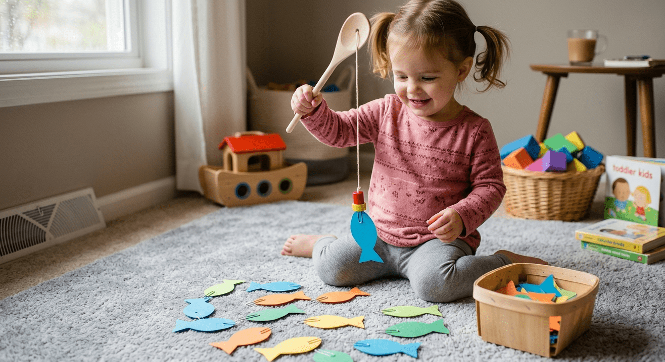 A young toddler girl smiling while playing with a DIY faith-based indoor fishing game, featuring paper fish with paperclips and a magnetic spoon rod.