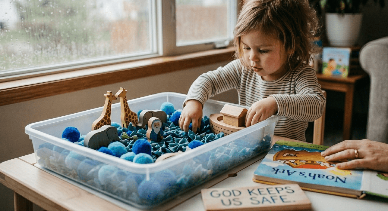 Christian toddler crafts and sensory bin ideas for teaching the story of Noah's Ark indoors.