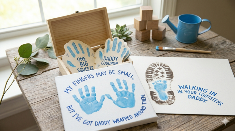 A horizontal featured image displaying a collection of completed meaningful Father's Day crafts for toddlers on a rustic wooden table, including a painted handprint canvas, a "Helping Hands" coupon book, a personalized "Walking in Your Footsteps" boot print, and a "My Hero's Heart" keepsake box, styled with natural, bohemian elements in daylight.