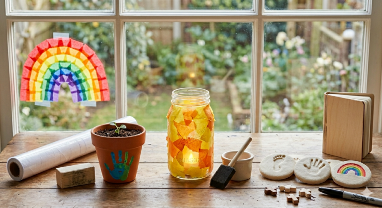 A collection of four simple faith-based toddler crafts displayed on a wooden table in front of a bright window overlooking a garden. Features a rainbow tissue paper suncatcher taped to the window, a lit mason jar nightlight, a terracotta flowerpot with a colorful handprint, and round salt dough stepping stones.