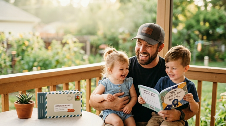 Dad sitting with his children on Father's day.
