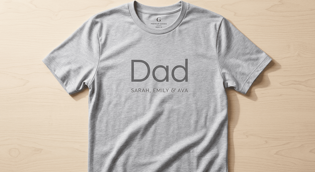 A super soft, high-quality crewneck tee that says "Dad" in clean text on the front chest, with his girls' names custom-printed directly on the t-shirt for Father's day.