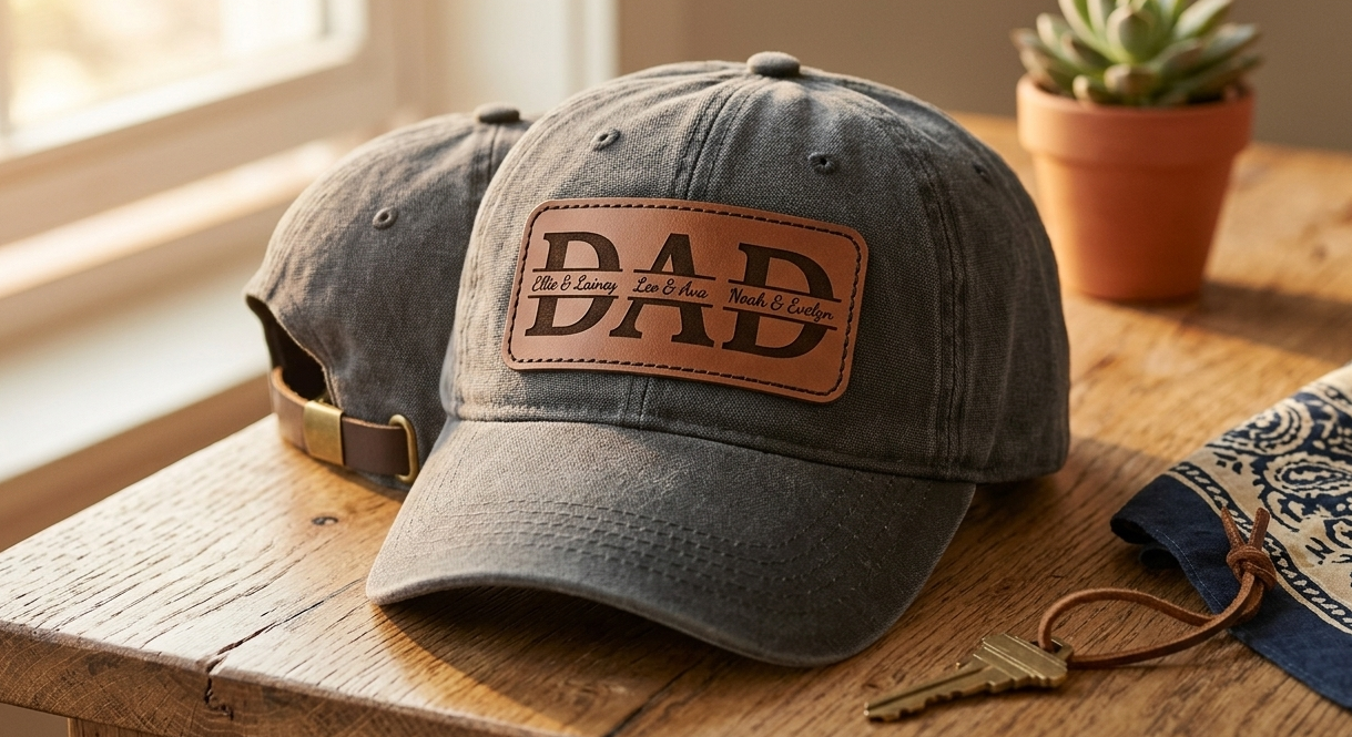 It is a rugged, classic canvas cap featuring a genuine leather patch laser-engraved with "DAD," and your children's names are beautifully tucked right inside the letters for Father's day.