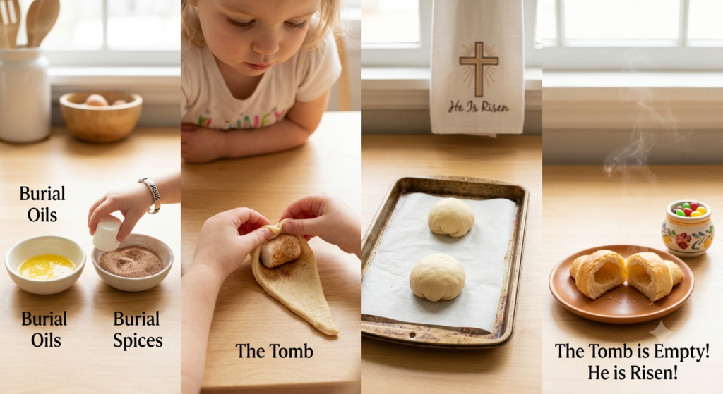 A step by step illustration of the "Empty Tomb" Rolls Activity.
