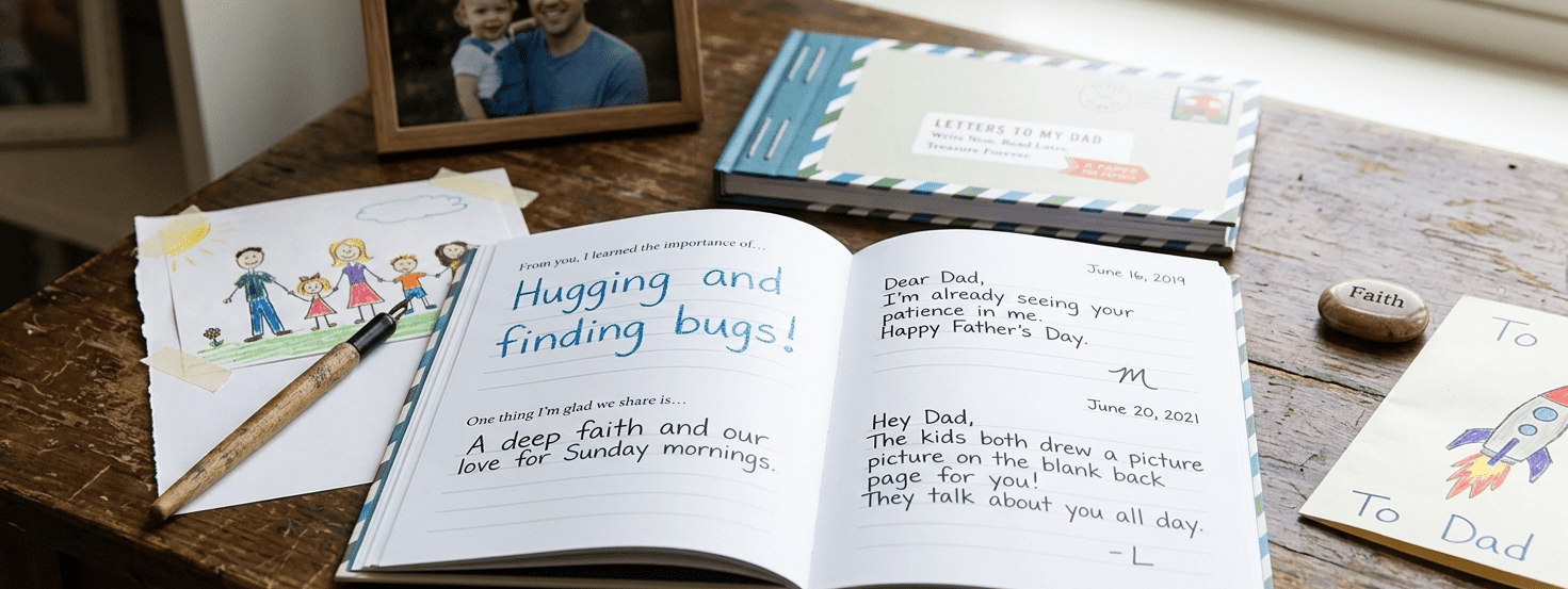 A blank journal filled with elegant prompts for Mom and the kids to write a little note to Dad every single Father's Day, creating a beautiful timeline of legacy, faith, and family growth that he can look back on for years to come.