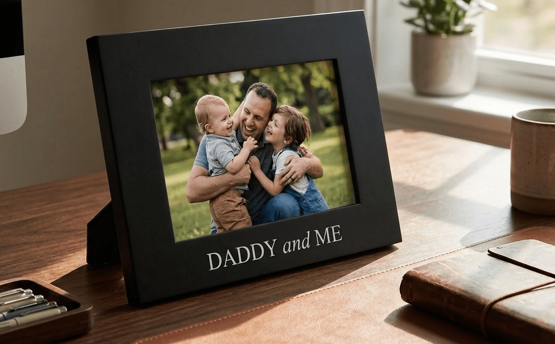 A beautiful, minimalist desktop frame designed specifically to hold a favorite 4x6 picture of Dad and his children, serving as a daily visual reminder of his high calling to protect those precious babies for Father's day.