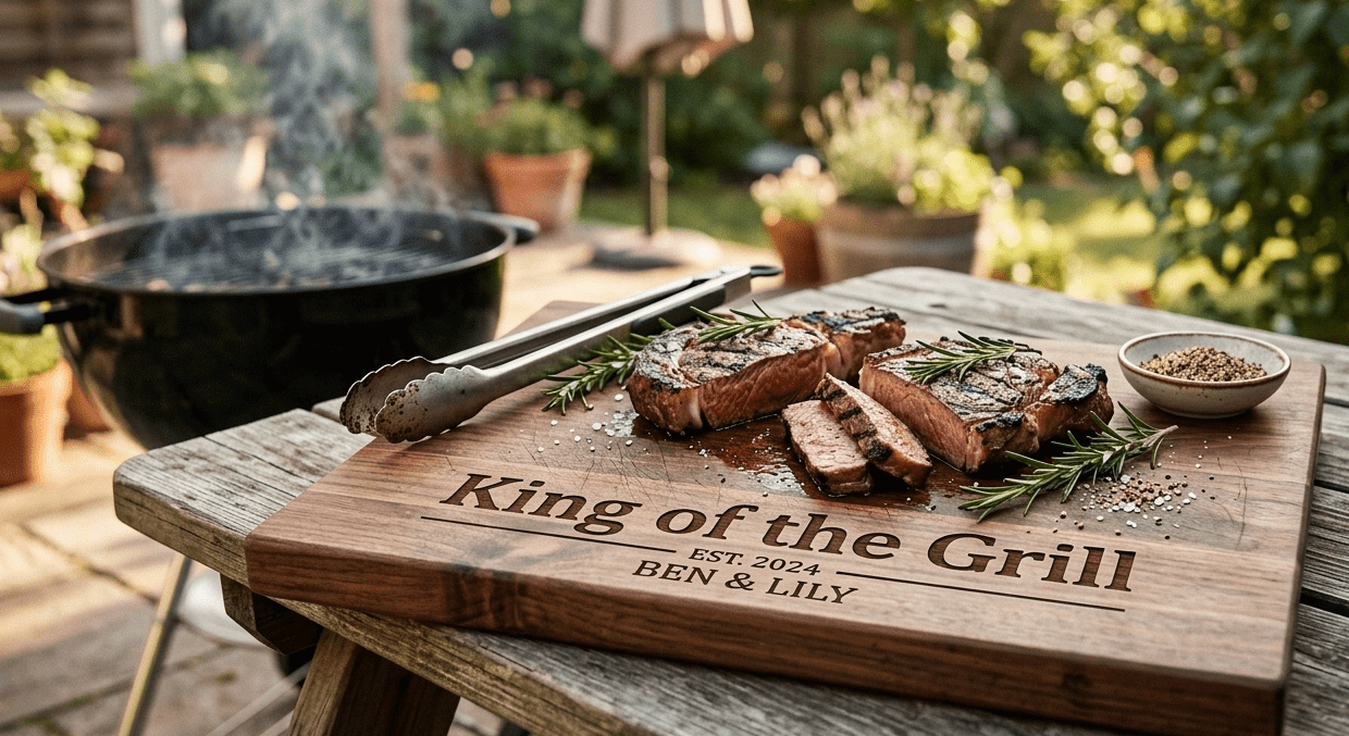 this wooden cutting board can be custom-engraved with "King of the Grill" right alongside the girls' name for father's day.
