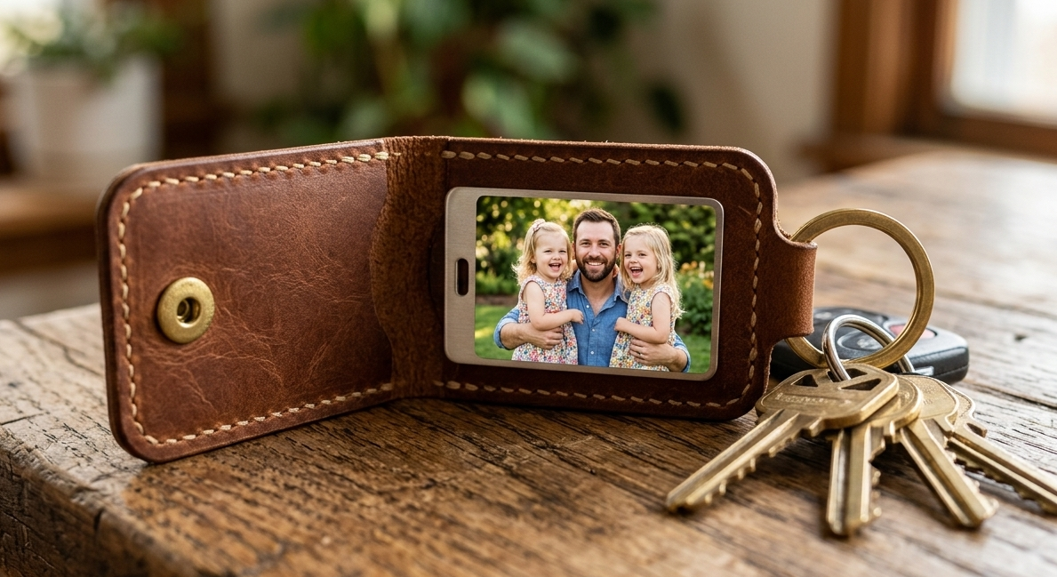 From the outside, it looks like a sleek, premium leather key fob, but it snaps open to reveal a hidden metal photo tag printed with a sweet picture of him and his children for Father's day.