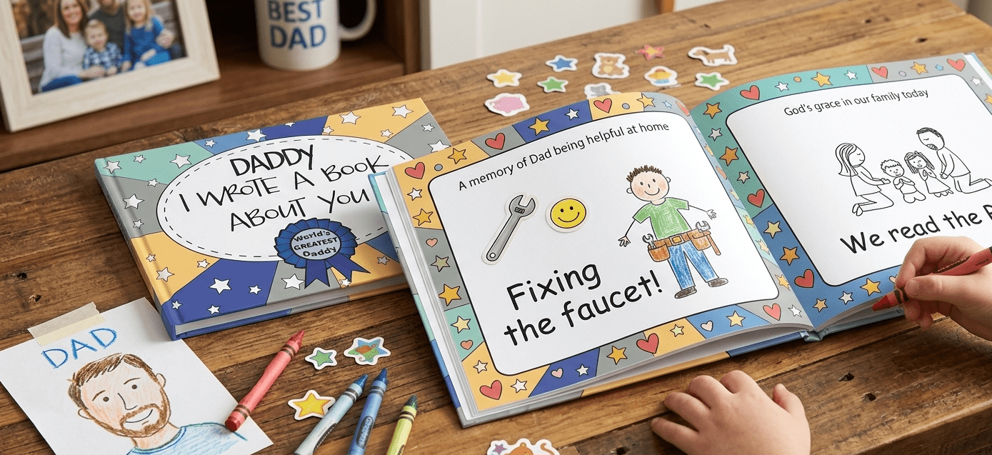 A beautifully designed keepsake journal where you can help your little ones paste stickers, doodle simple drawings of their daddy, and record their favorite memories of God's grace in your daily family life for Father's day.