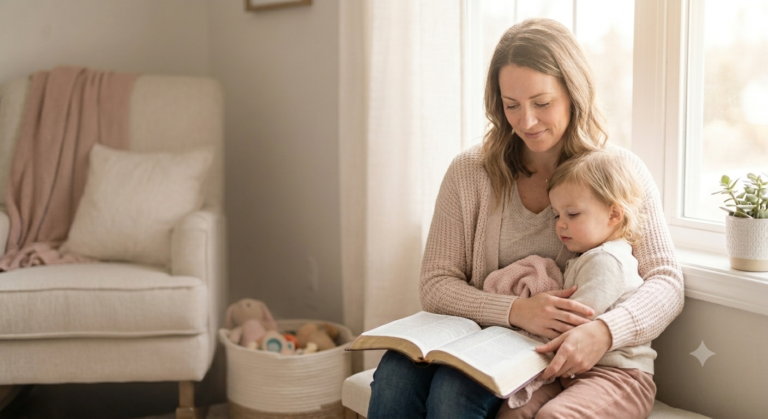 Am I Doing Enough? A Devotional for the Exhausted Mama "A Christian mother reading a devotional with her child.