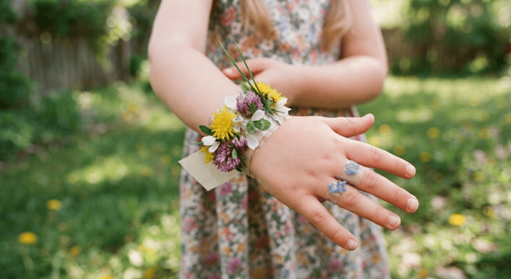 A child's arm wearing a homemade nature bracelet made of double-sided tape covered in colorful wildflowers, clover, and blades of grass, with a small matching floral ring on their finger.
