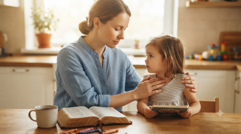 A peaceful Christian mother sits at a kitchen table with her daughter, holding hands in prayer over an open Bible, representing finding biblical patience for moms.