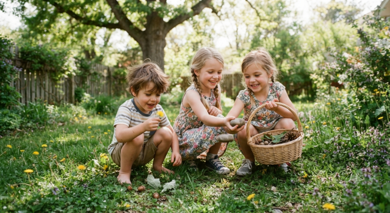 Three young children laughing and playing in a lush, green backyard, gathering natural treasures like leaves and rocks into a woven basket during a scavenger hunt.