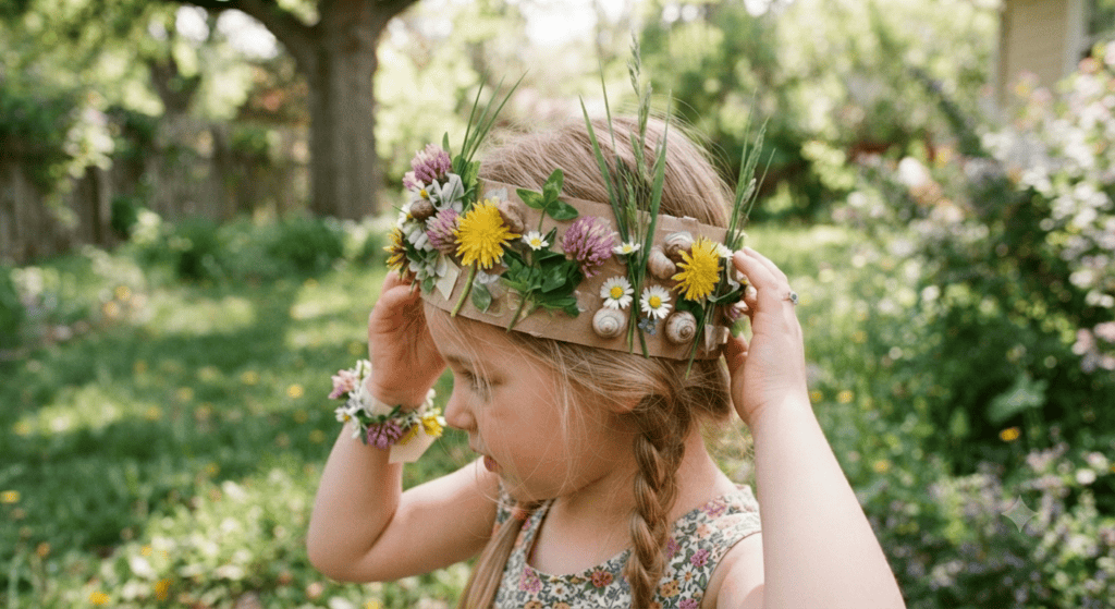 A young girl in a garden placing a handmade 'creation crown' on her head, made from a strip of brown paper decorated with various colorful wildflowers, green grasses, and small snail shells.