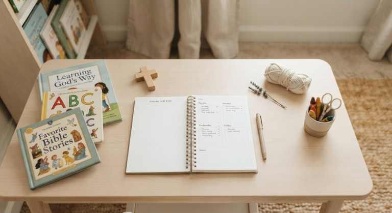 A flat lay photo of a child’s wooden desk bathed in soft daylight, featuring an open, minimalist spiral-bound weekly planner with handwritten entries and checkmarks. Beside the planner are three children’s books stacked neatly ("Learning God's Way," "ABC," "Favorite Bible Stories"), a small wooden cross, a cup of chunky crayons and scissors, a sprig of dried lavender, and a ball of yarn. The background shows a blurred bookshelf and cozy curtains.